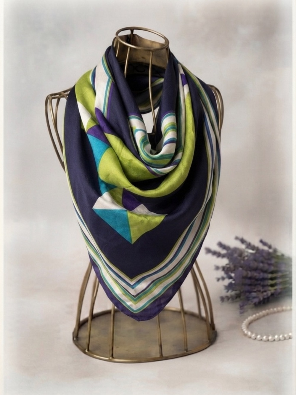 Vintage Anne Klein Geometric Silk-Feel Scarf – Bold Lime & Navy